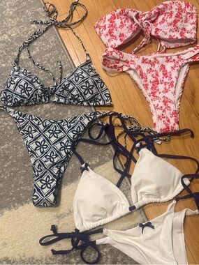 Mixed Bikini Set - White, Navy & Pink Floral Pieces